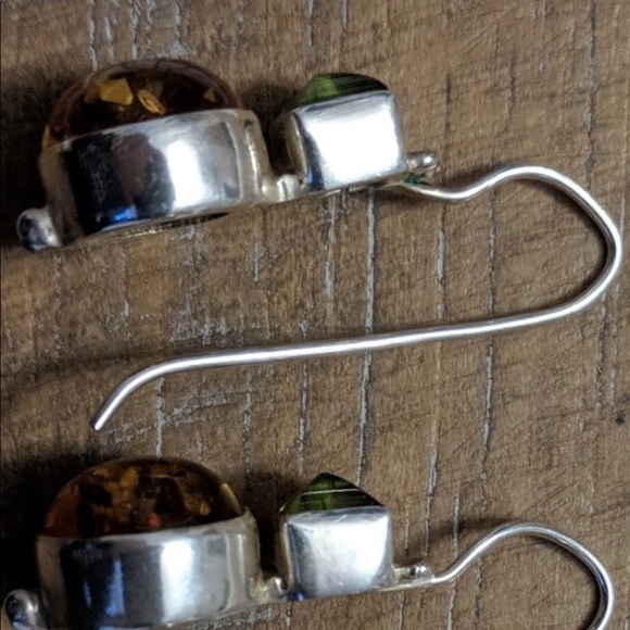 925 Sterling Silver Green & Orange Dangle Earrings - Picture 4 of 4